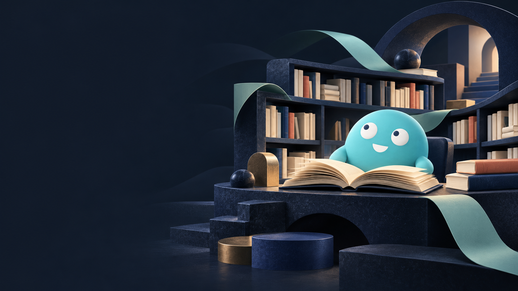 Нейроний-библиотекарь за раскрытой книгой среди книжных полок